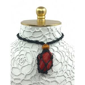 Red Swirl Art Glass Handmade Tumbled Pendant Necklace Black Braided Cord J2428